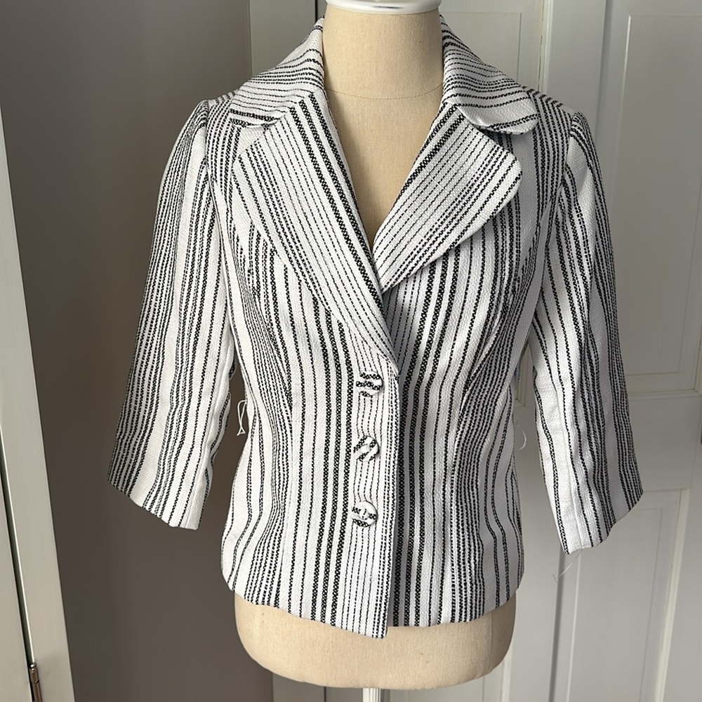 White House Black Market black and white striped blazer, 3 quarter length sleeve